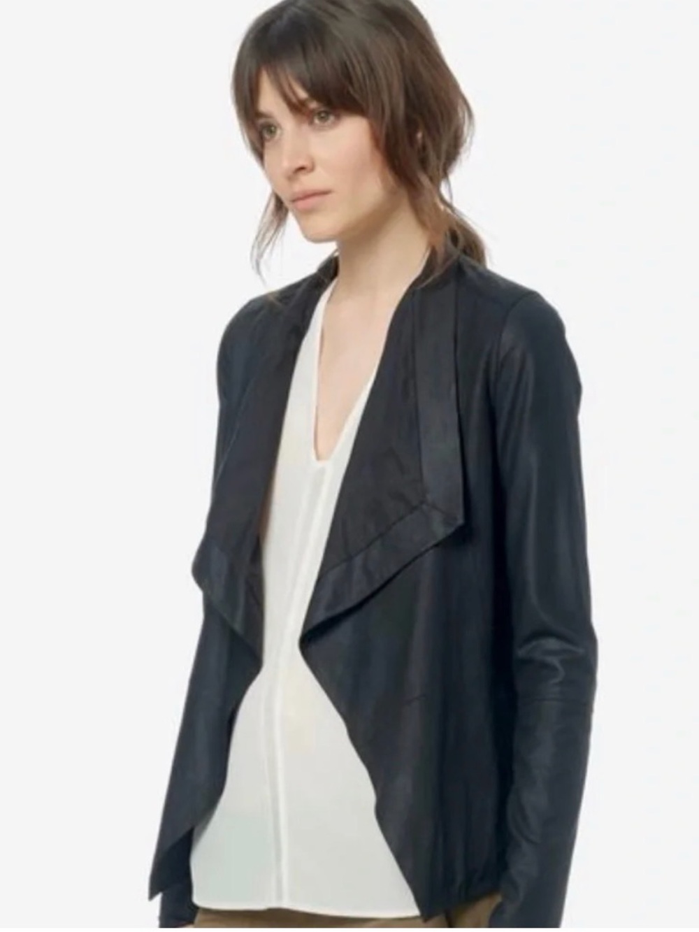 Vince Leather Drape Front Jacket Size M Waterfall Open Front Navy